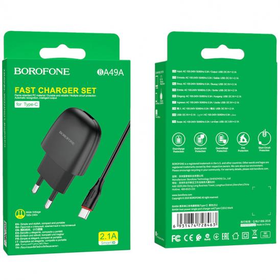 СЗУ USB Borofone BA49 1Port 2.1A +Type-C